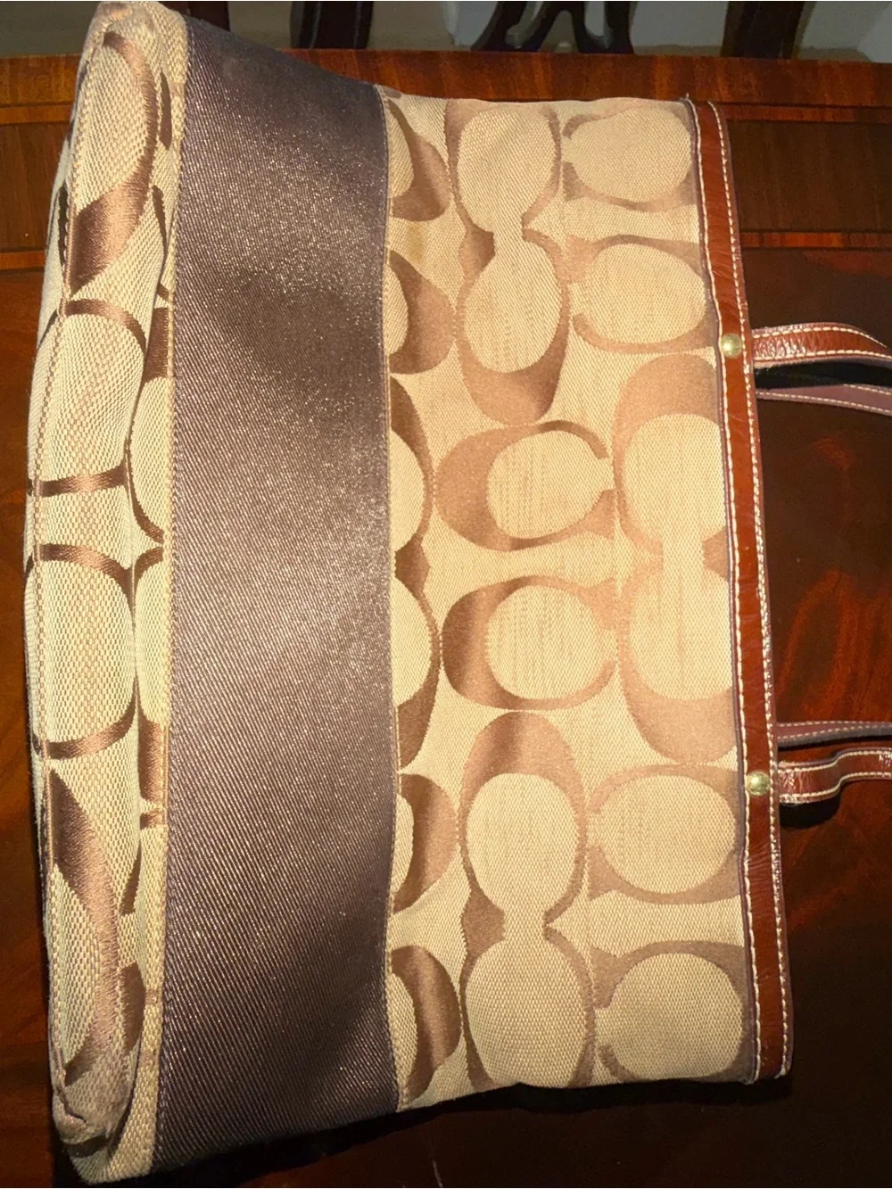 Coach Signature Canvas Tote in Khaki and Dark Brown Trim
